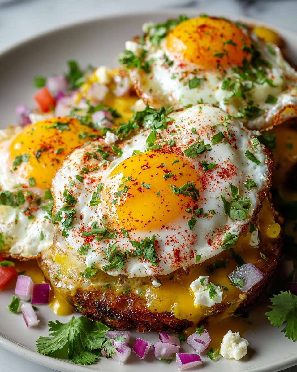 The dish is served on a white plate resting on a white marbled texture. It has one crispy, golden brown tostada base. On top, there are four sunny-side-up eggs arranged closely, with bright yellow, glossy yolks and white, slightly browned edges. Scattered over the eggs are chunks of light green avocado and small pieces of white crumbly cheese. Fresh green cilantro leaves and finely chopped herbs are sprinkled all over, adding color and texture. Two lime wedges sit at the top right of the plate, with extra cilantro decorating the plate edges. A light dusting of reddish chili powder and black pepper lightly covers the entire dish, giving it a vibrant finish. Photo taken with an iphone --ar 4:5 --v 7