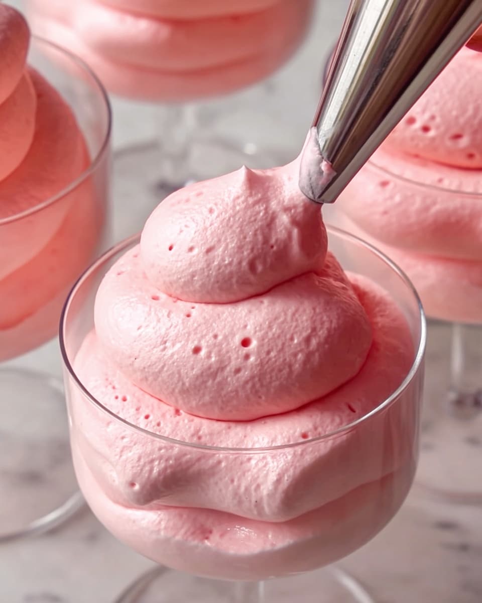 Four clear glass cups are shown filled with two layers of dessert; the bottom layer is light beige and smooth, occupying about one-third of the cup, while the top layer is thick, fluffy, and light pink, piped in large, soft swirls that rise above the rim. A metal piping bag is adding more of the pink layer to one cup, emphasizing the airy, whipped texture. The cups are placed on a white marbled surface, and a woman's hand is holding the piping bag from the top right corner. The lighting is soft, making the dessert look fresh and inviting. photo taken with an iphone --ar 4:5 --v 7