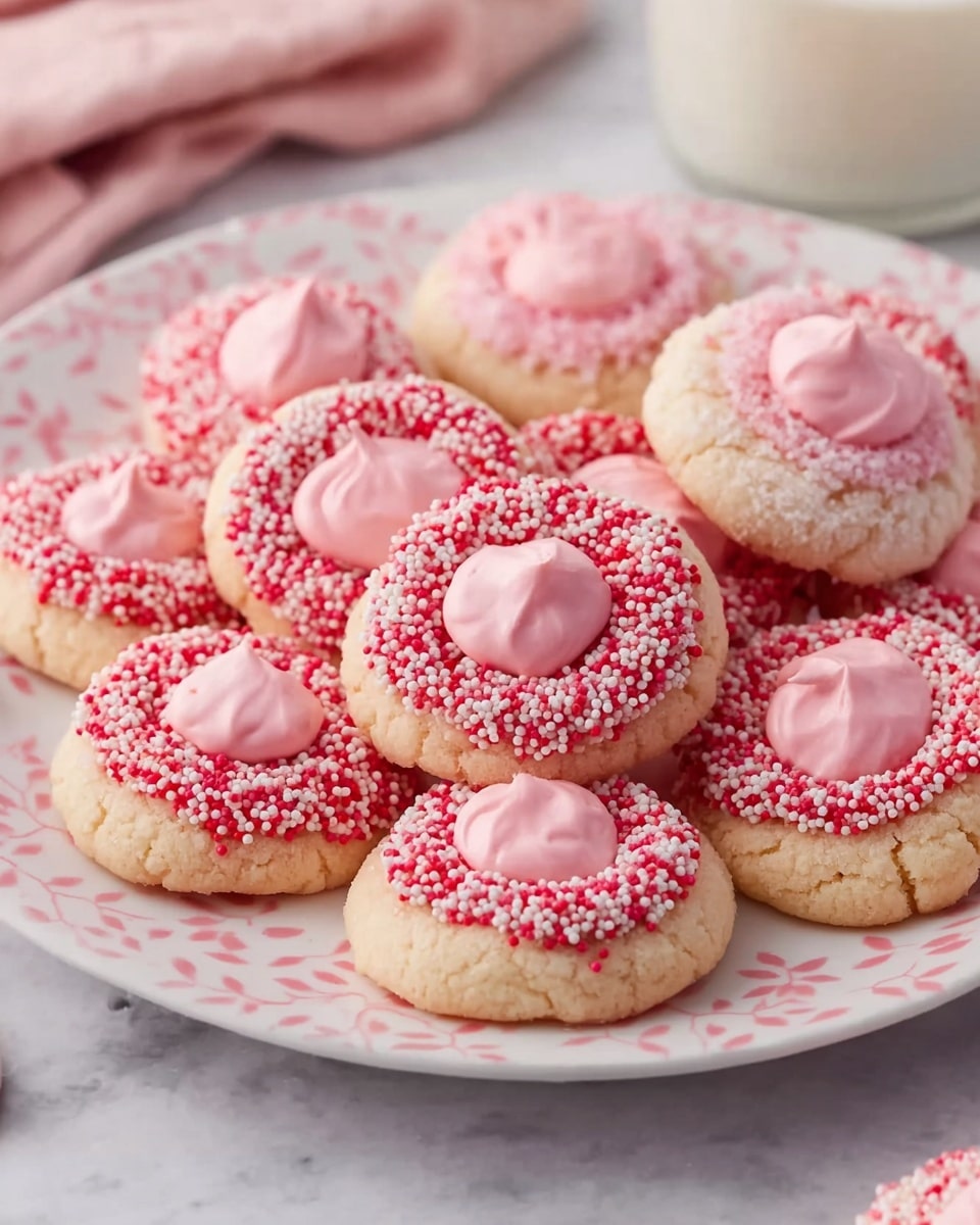 A plate of round cookies with two different outer layers sits on a white marbled texture. Half the cookies have a soft pink frosting center on top, surrounded by a ring of red, white, and pink small round sprinkles, giving them a colorful and textured look. The other half have a light beige base dusted with powdered sugar and a dollop of smooth pink frosting in the middle. The cookies are arranged closely together on a white plate with a subtle pink leafy pattern. A glass of milk is partially visible in the background. photo taken with an iphone --ar 4:5 --v 7