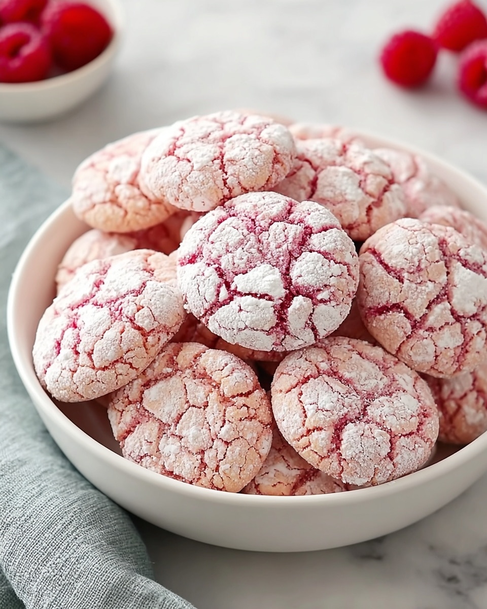 A white bowl filled with round, pink cookies covered in a light sugar coating that makes their cracked surface stand out; the cookies have a soft texture with deep pink cracks contrasting the pale sugar on top, stacked gently inside the bowl. The bowl sits on a white marbled surface with a folded grey cloth next to it, and fresh red raspberries are visible in the blurred background. photo taken with an iphone --ar 4:5 --v 7