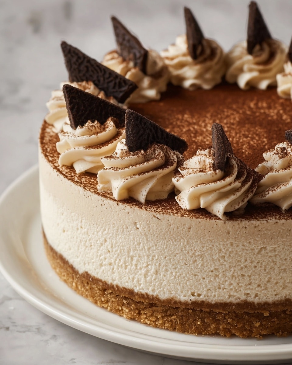 A round coffee-flavored cake with three layers on a white plate, set on a white marbled surface. The bottom layer is a dark crumbly chocolate base, the middle layer is a smooth light brown cream with streaks of dark chocolate sauce running vertically, and the top layer is thick, light cream with a dusting of cocoa powder. The top edge of the cake features eight dollops of light cream evenly spaced, each sprinkled with cocoa powder. The center of the cake’s top is filled with dark roasted coffee beans, and some beans are scattered on the plate front. A slice is missing, revealing the inner layers clearly. Photo taken with an iphone --ar 4:5 --v 7