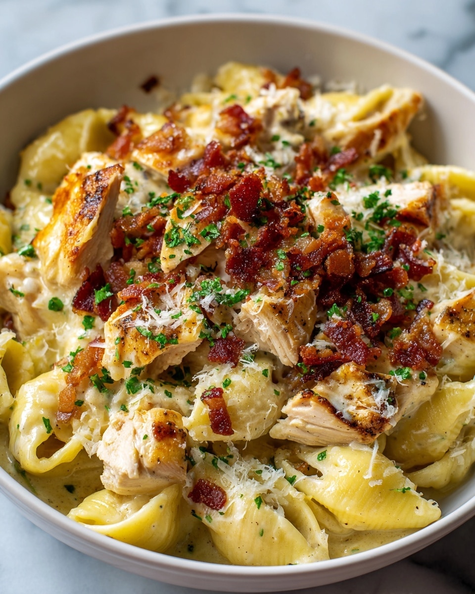 A close-up view of a creamy pasta dish served in a white bowl, showing several layers: large shell-shaped pasta covered in a thick, light yellow cheese sauce forms the base layer, topped with chunks of golden-brown grilled chicken. On top of the chicken and pasta, there is a scattering of crispy, reddish-brown bacon bits and finely chopped green herbs, mostly parsley, adding color contrast. Finely grated white cheese is sprinkled evenly across the dish, giving texture and enhancing the creamy look. The bowl sits on a white marbled surface. photo taken with an iphone --ar 4:5 --v 7