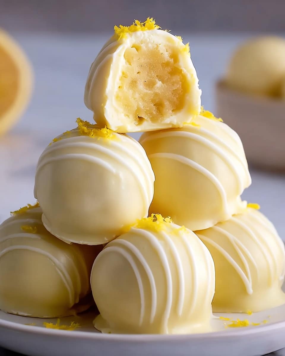 A close-up of a stack of five round white chocolate truffles on a white plate with a white marbled background. The truffles are smooth and shiny with three small white chocolate drizzle lines on the surface. The top truffle is cut in half, showing a soft, creamy, yellow inner filling. Fine yellow zest is sprinkled on top of the truffles and lightly scattered on the plate. The lighting highlights the glossy texture and creamy filling of the candies. Photo taken with an iphone --ar 4:5 --v 7