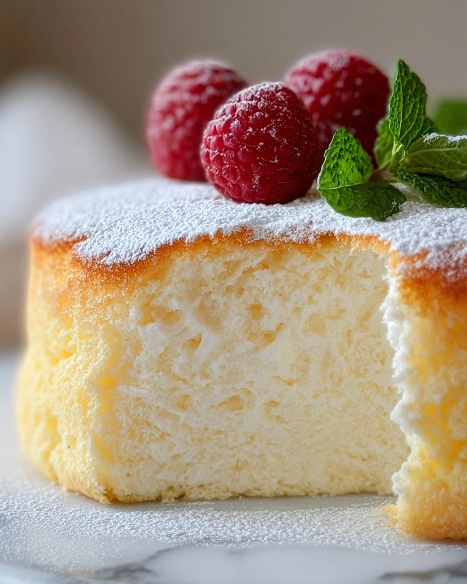 A close-up view of a soft yellowish-white cake with a fluffy texture, showing its thick inner layer topped by a thin, golden-brown crust dusted with powdered sugar. On top of the cake, there are three red raspberries with a textured surface and a sprig of fresh green mint leaves placed beside them. The cake sits on a white marbled surface. Photo taken with an iphone --ar 4:5 --v 7