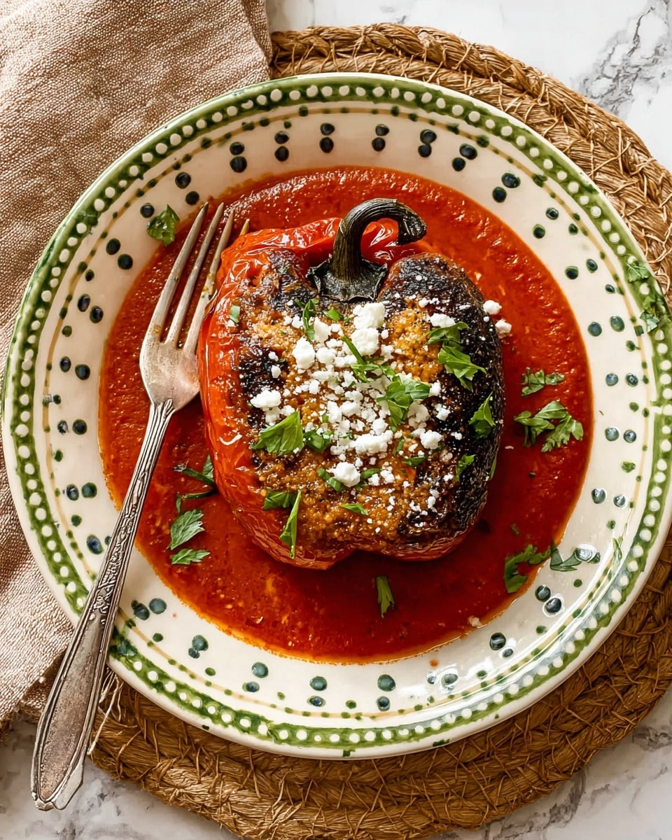 A roasted pepper with a slightly blackened top sits in the center of a pool of rich red tomato sauce on a white plate with decorative green and white dots along the edges. The pepper is sprinkled with white cheese crumbles and fresh green herb leaves. To the left side of the plate rests an old-fashioned silver fork. The plate is placed on a woven beige mat next to a beige cloth on a white marbled surface. photo taken with an iphone --ar 4:5 --v 7