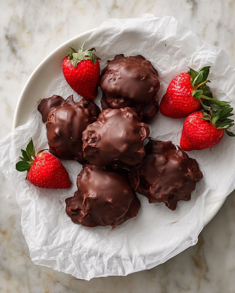 A white plate lined with crumpled white parchment paper holds five irregularly shaped chocolate-covered clusters, each smooth and shiny with slight texture from the coating. Around these clusters, six bright red strawberries with green leaves add a fresh contrast, placed unevenly for a natural look. The scene rests on a white marbled surface. photo taken with an iphone --ar 4:5 --v 7