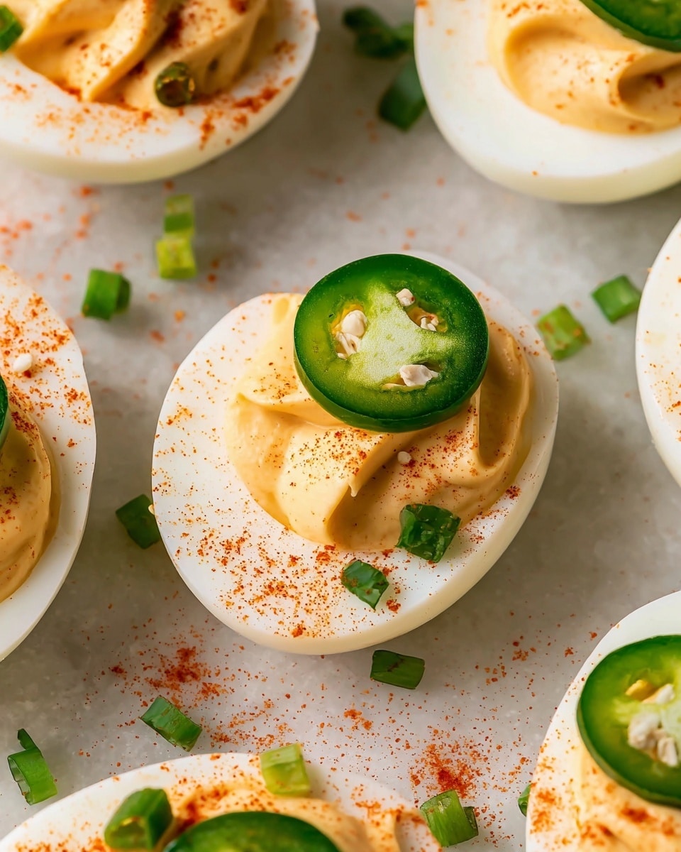 The image shows a close-up of several deviled eggs arranged on a surface with a white marbled texture. Each egg half has a smooth white egg white base, filled with a creamy, light orange yolk mixture that has a slightly swirled texture on top. Each deviled egg is garnished with a thin half slice of bright green jalapeño pepper placed vertically in the creamy filling, with small pieces of chopped green chives scattered over the eggs and the surrounding surface. There is a light dusting of reddish paprika sprinkled across the egg whites and the background, adding a touch of color contrast. Photo taken with an iphone --ar 4:5 --v 7