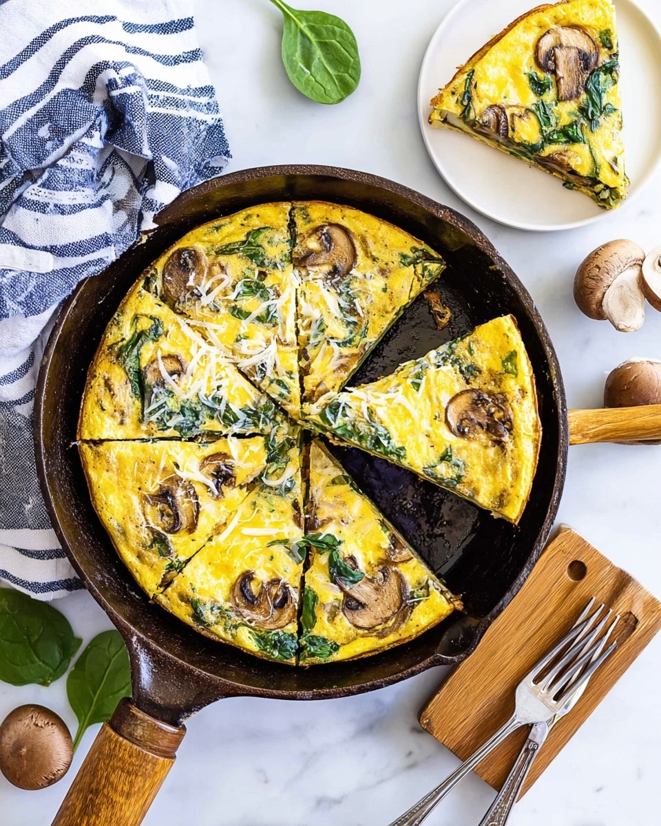 A thick golden-brown omelette cooked in a black cast iron skillet, filled with bright green spinach leaves visible throughout the top layer. The omelette shows a slightly crispy texture around the edges with a soft and fluffy center. The skillet sits on a wooden surface with a small round white bowl of fresh green spinach placed nearby. The background is a white marbled texture. Photo taken with an iphone --ar 4:5 --v 7