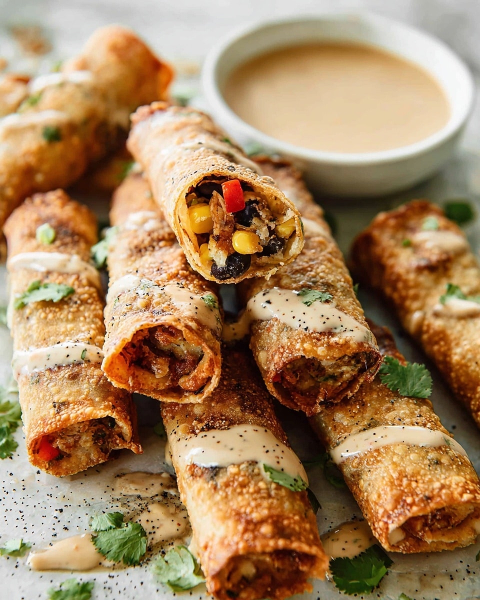 The image shows a close-up of nine crispy, golden-brown rolled taquitos arranged on a white marbled surface with scattered fresh green cilantro leaves underneath them. One taquito is cut open, revealing colorful layers of black beans, yellow corn, red bell peppers, and shredded meat inside a thin, crunchy shell. Some taquitos are drizzled with a creamy, light tan sauce sprinkled with black pepper, adding a smooth texture contrast to the crispy rolls. In the background, there is a white bowl filled with a creamy dipping sauce matching the drizzle on the taquitos, complementing the warm, textured look of the dish. photo taken with an iphone --ar 4:5 --v 7