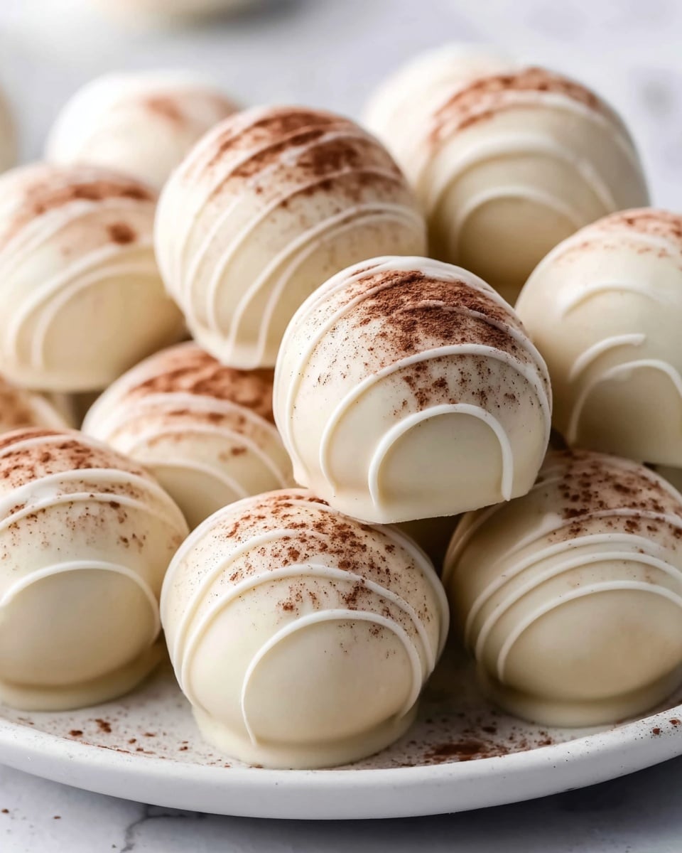 A close-up view of several round white chocolate balls arranged in two layers on a white plate. Each ball is smooth and creamy white, decorated with thin white chocolate drizzles forming curved lines on the surface. The tops of the balls have a light dusting of fine brown powder, creating a soft contrast against the white chocolate shell. The balls have a smooth texture and a shiny finish, set against a white marbled surface background. Photo taken with an iphone --ar 4:5 --v 7