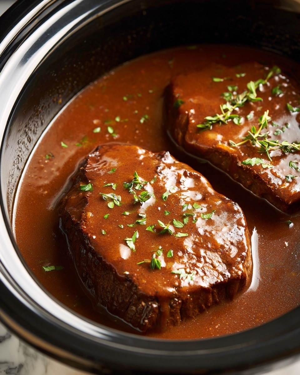A white plate holds a bed of light yellow egg noodles with a soft, curly texture arranged around the edges. On top lie two thick pieces of meat covered with a rich, brown gravy that looks smooth and slightly chunky, with small bits visible. The gravy spreads over the meat and slightly onto the noodles, and fresh green parsley pieces are sprinkled over the dish, adding color contrast. The scene is set on a white marbled surface. photo taken with an iphone --ar 4:5 --v 7