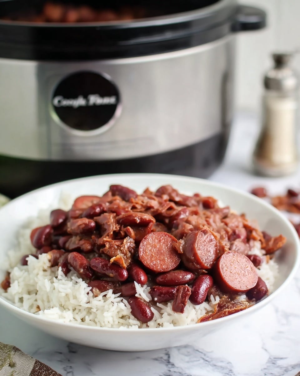 A white bowl filled with a base layer of fluffy white rice, topped with a thick layer of reddish-brown kidney beans mixed with slices of dark brown sausage and small bits of bacon, creating a rich and hearty look, all placed on a white marbled surface with a black Crock-Pot and a salt shaker blurred in the background. photo taken with an iphone --ar 4:5 --v 7