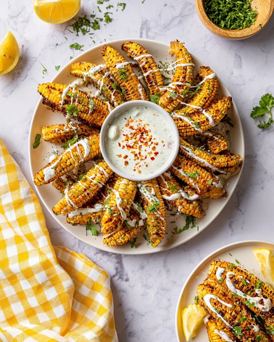 A white plate holds a circle of grilled corn slices, each piece with golden yellow kernels charred with brown grill marks. The corn is drizzled with white creamy sauce and sprinkled with finely chopped green herbs. In the middle of the plate, there is a small white bowl filled with white creamy dip topped with red chili flakes. A piece of grilled corn is dipped into the sauce, held by a woman's hand. Two bright yellow lemon wedges rest on the edge of the plate. The whole setting is on a white marbled surface with a soft, natural light. photo taken with an iphone --ar 4:5 --v 7