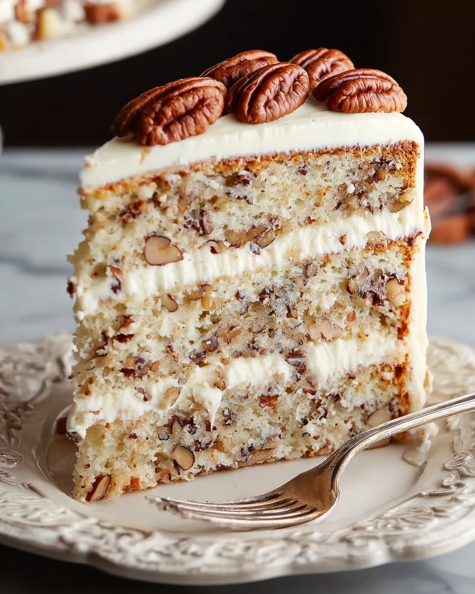 A three-layer slice of nut-studded cake with visible pieces of pecans and a light golden color; each layer separated by thick white creamy frosting speckled with small nut bits; the top layer is covered with smooth white frosting and decorated with whole glossy pecans arranged evenly across the surface; the cake slice sits on a white plate with an ornate edge design, and a silver fork rests beside it; all placed on a white marbled textured surface; photo taken with an iphone --ar 4:5 --v 7