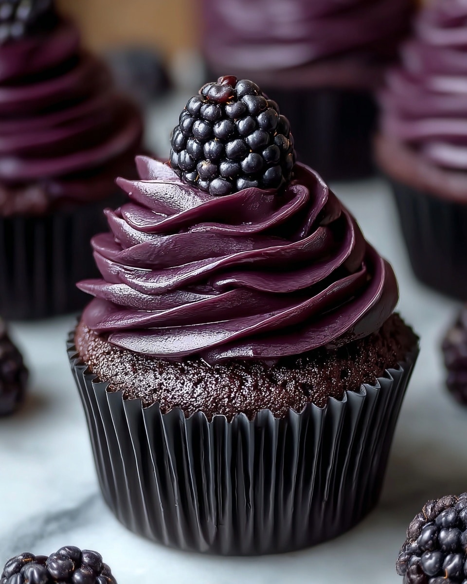A close-up view of a single dark chocolate cupcake in a black wrapper, topped with smooth, shiny dark purple frosting swirled in three visible thick layers, crowned by one glossy, plump blackberry in the center. The cupcake base has a slightly rough texture, and the cupcake sits on a white marbled surface with a few scattered blackberries blurred in the background. Photo taken with an iphone --ar 4:5 --v 7