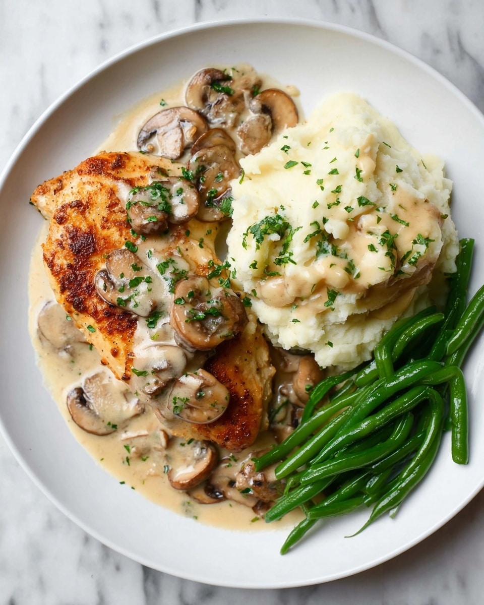A white plate holds a meal with three main parts: on the left, a golden-brown grilled chicken breast with a crispy texture and sprinkled with small green parsley bits; on top and partially under the chicken, a creamy light beige mushroom sauce with visible sliced mushrooms in soft brown and cream tones and fresh parsley bits; on the right side, a mound of smooth, creamy mashed potatoes in off-white with some lumps and drizzled with more mushroom sauce; neatly arranged at the bottom right, a small bunch of bright green cooked green beans with a shiny surface; the plate sits on a white marbled surface. photo taken with an iphone --ar 4:5 --v 7