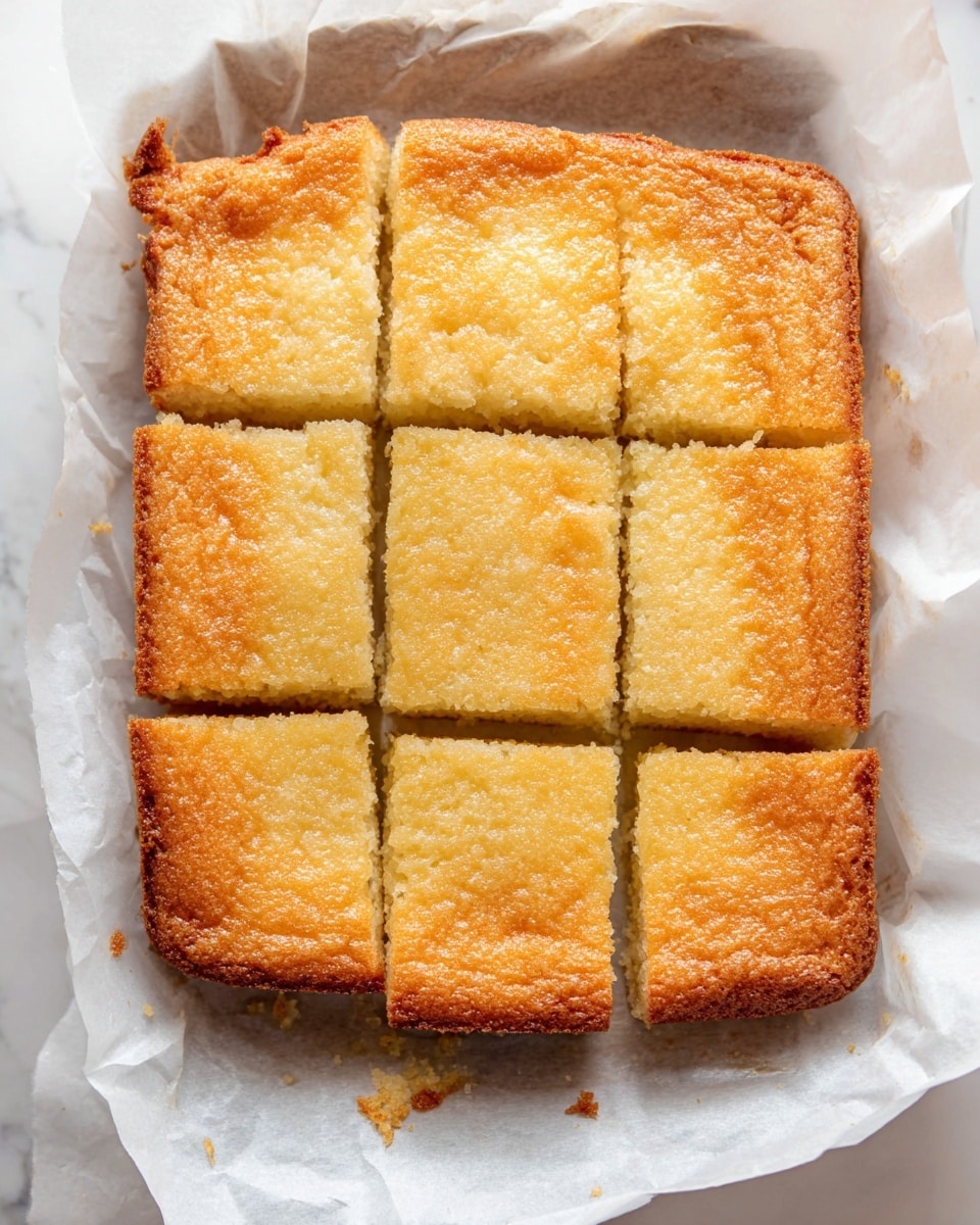 A golden brown, square-shaped baked cake with a slightly textured, crispy top layer that shows subtle browning around the edges, cut into nine even square pieces, all resting on a crinkled sheet of white parchment paper over a white marbled surface. The cake has a soft, moist inside visible in the cut sections, creating a contrast between the light golden top and the creamy, pale interior. There are slight crumbs around the edges of the parchment. Photo taken with an iphone --ar 4:5 --v 7