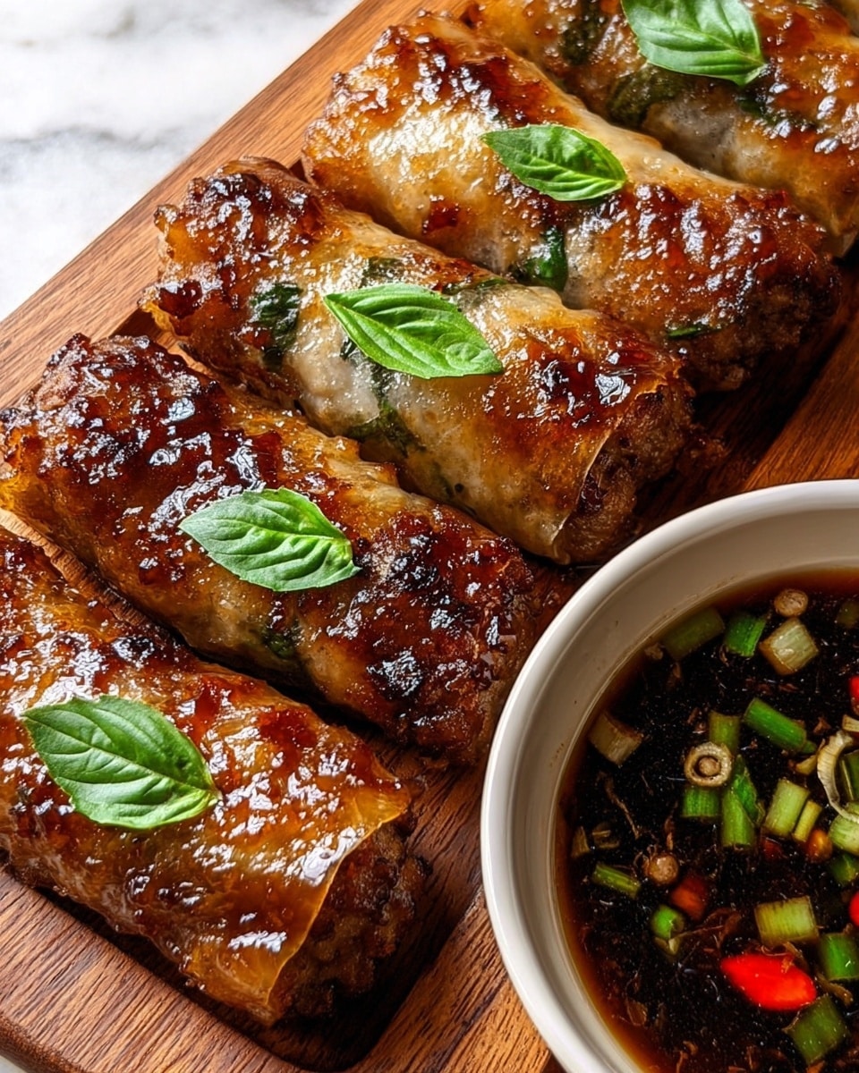 The image shows five golden-brown crispy spring rolls arranged in a white plate with a green tint, lined with fresh green basil and lettuce leaves. One spring roll is cut open, revealing a dark brown shredded meat filling mixed with green onions. The spring rolls are sprinkled with chopped green onions on top. On the plate, there are also two lime wedges and three slices of red chili pepper. Next to the plate on a wooden tray, there are two small bowls filled with dark dipping sauce that has red chili flakes and seeds. The whole setup is on a white marbled surface. Photo taken with an iphone --ar 4:5 --v 7