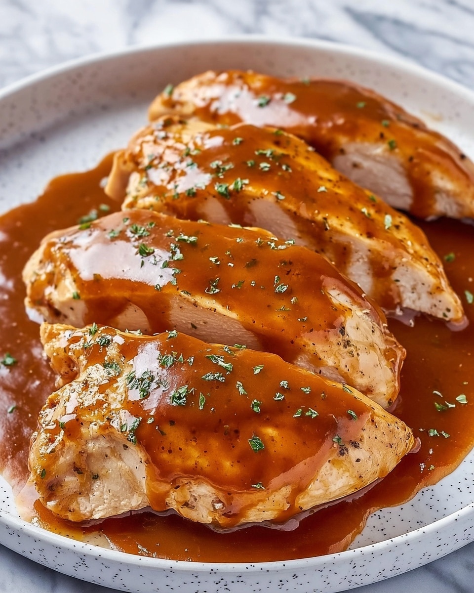 The dish shows three large pieces of cooked chicken breast stacked on a white plate with small black dots. Each piece is covered with a thick, glossy brown sauce that looks smooth and shiny. Small bits of green herbs are sprinkled over the sauce, adding a touch of color. The chicken pieces have a slightly textured surface with light brown cooked edges. The background is a white marbled texture. photo taken with an iphone --ar 4:5 --v 7