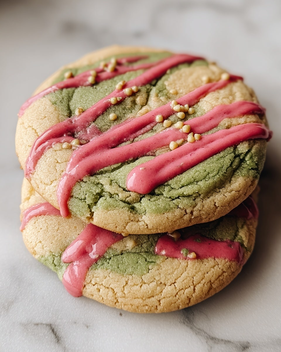 Two cookies stacked on a white marbled textured surface covered with light brown parchment paper, each cookie showing three visible layers: the bottom layer is a light golden brown soft cookie base with cracked edges, the middle layer is a smooth greenish cream, and the top layer has thin slices of red strawberries partially embedded. On top of the strawberries and cream, there are thick pink drizzle lines with small red specks spread unevenly across the surface. Photo taken with an iphone --ar 4:5 --v 7