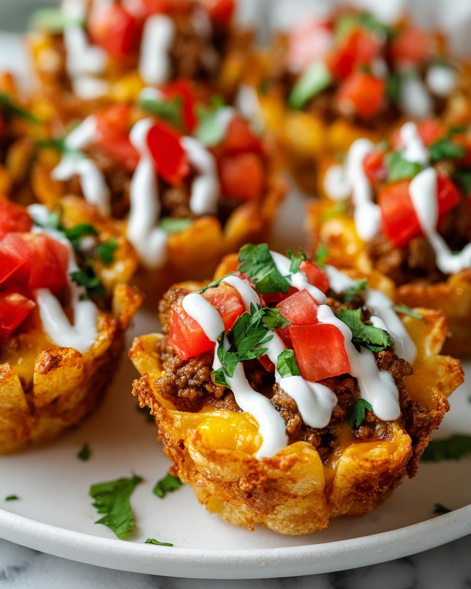 The image shows several mini taco cups arranged closely on a white plate with a white marbled surface underneath. Each cup has a crispy, golden-brown shell made of crispy pasta or tortilla, filled with melted yellow cheddar cheese as the first layer. On top of the cheese, there is a layer of ground beef with a rich brown color and slightly crumbly texture. The taco cups are garnished with fresh, bright red diced tomatoes and green chopped cilantro on top. Drizzles of white sour cream or a similar sauce flow over the tomatoes and cilantro, adding a creamy contrast. The taco cups have a layered, colorful look, with crisp texture on the edges, and fresh toppings brightening the dish. photo taken with an iphone --ar 4:5 --v 7