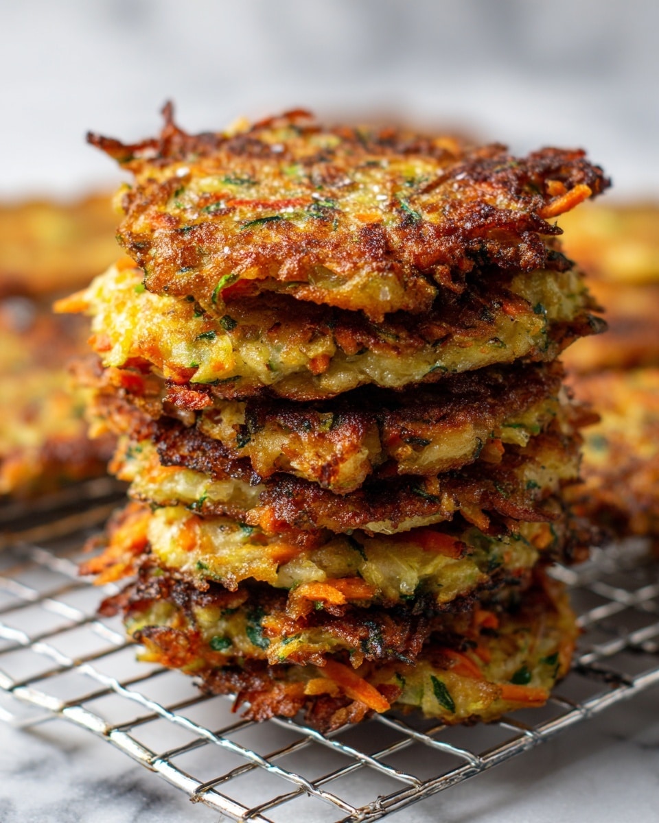 A stack of six crispy vegetable pancakes is shown close-up, each layer golden brown with visible bits of shredded vegetables like carrots and green herbs inside. The pancakes have a slightly uneven, textured surface with browned edges and a soft, chewy inside, stacked on a metal wire rack. The background shows more blurred pancakes on the same white marbled texture. The image is warm and focused on the stack, showing the detailed texture and colors. photo taken with an iphone --ar 4:5 --v 7