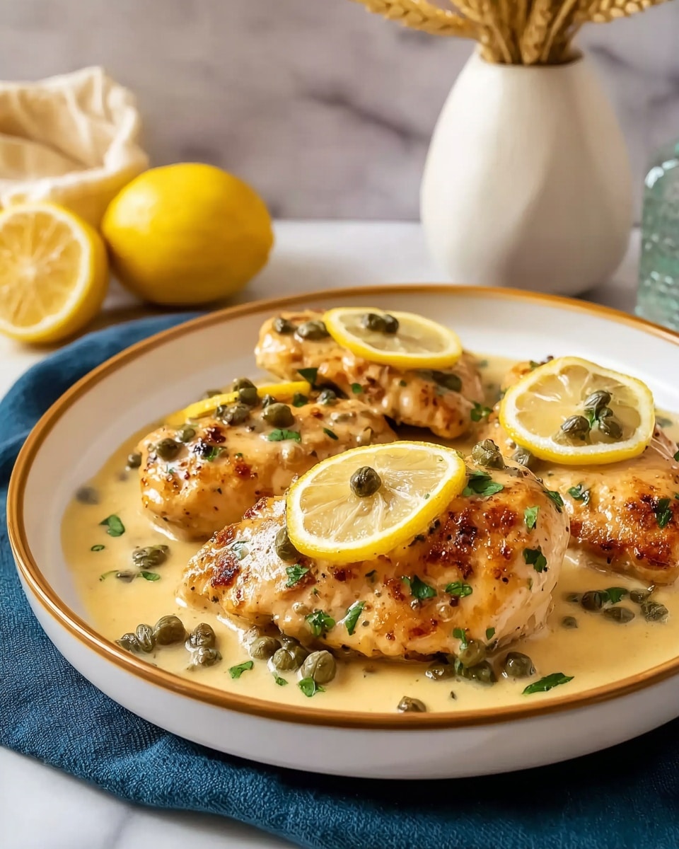 A round white shallow bowl holds four pieces of cooked chicken breast, each browned and textured with herbs. The chicken is sitting in a creamy light yellow sauce dotted with green capers and sprinkled with small bits of fresh green parsley. On top of each chicken piece is a thin slice of yellow lemon with translucent edges, slightly soaking in the sauce. The bowl is placed on a dark blue cloth over a white marbled surface, and in the blurred background, there is a white vase with dried wheat and two yellow lemons, one whole and one cut in half. photo taken with an iphone --ar 4:5 --v 7