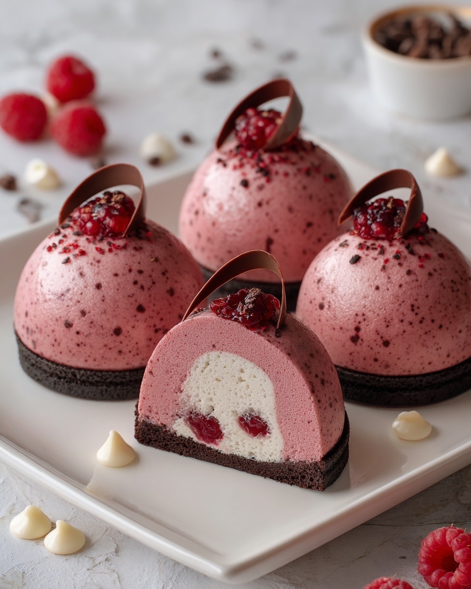 The image shows four small dome-shaped pink mousse desserts on round dark chocolate cookie bases, arranged on a white square plate with a white marbled surface background. Each mousse dome has a smooth, shiny texture with tiny specks of darker pink. Three domes are whole, each topped with a small curved piece of dark chocolate. One dome is cut in half, revealing a creamy white center layered with small bits of red fruit sauce, all sitting on the same dark cookie base. The scene has scattered red raspberries, dark chocolate curls, and white chocolate chips in the background. Photo taken with an iphone --ar 4:5 --v 7