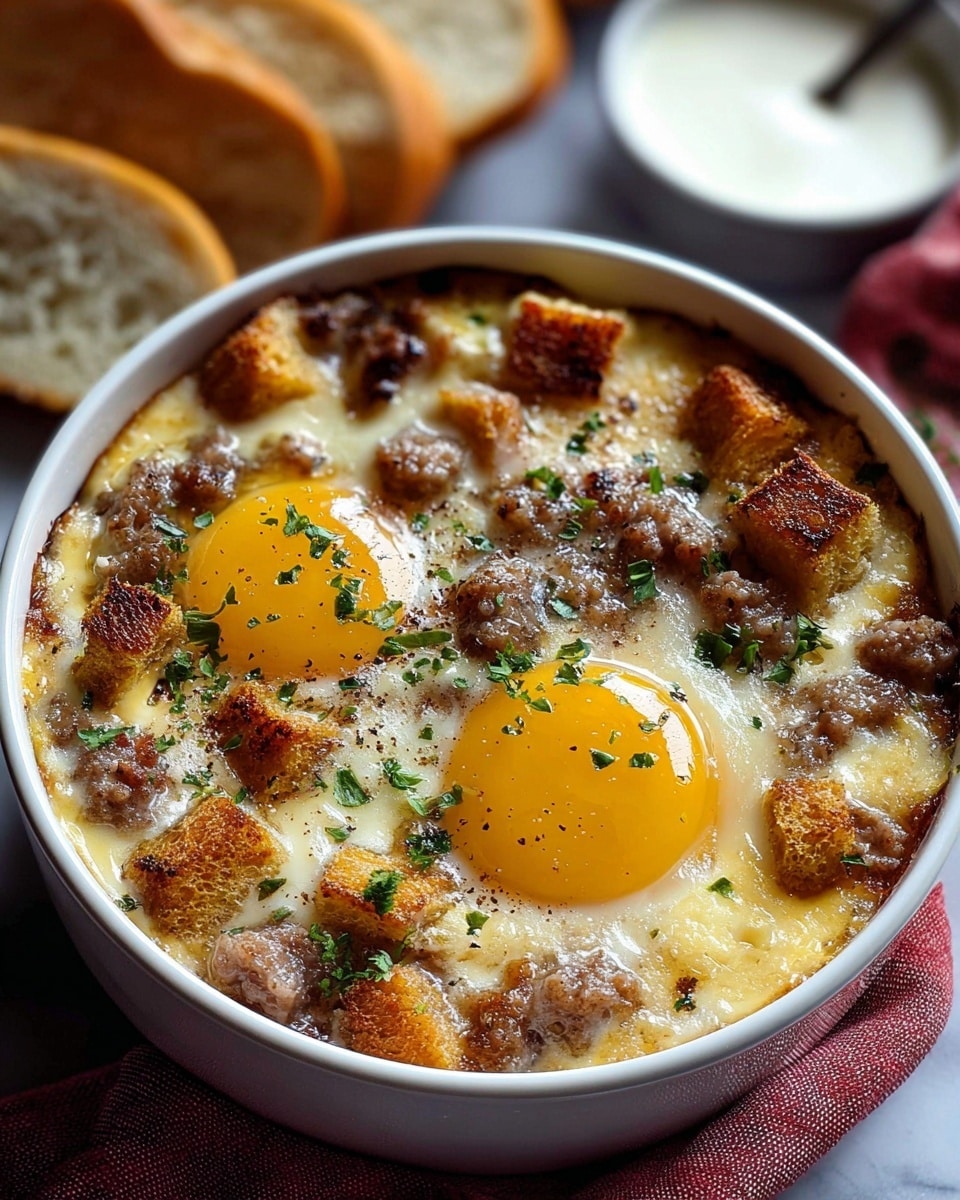 A round white bowl filled with a baked dish showing two bright yellow cooked eggs with runny yolks in the center. The eggs sit on a creamy, cheesy base that is light yellow with melted golden spots. Scattered around the eggs are browned crumbles of cooked sausage and toasted golden-brown cubed bread pieces. Small green herb flakes are sprinkled on top for color. The bowl rests on a white marbled surface with a red and white cloth beneath it. In the background, out of focus, are slices of light golden bread and a bowl of white creamy sauce. photo taken with an iphone --ar 4:5 --v 7