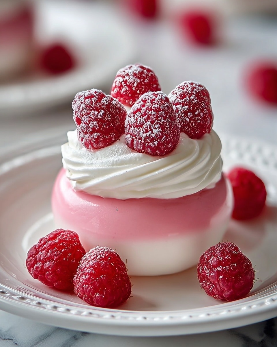 A small dessert features three clear layers, the bottom being a white base, the middle a smooth pink mousse, and the top a thick swirl of white cream. Five bright red raspberries with a powdered sugar dusting rest on the cream, while four similar raspberries are scattered around the dessert on a white plate with a detailed edge. The background is a white marbled surface, giving a clean and fresh look. photo taken with an iphone --ar 4:5 --v 7