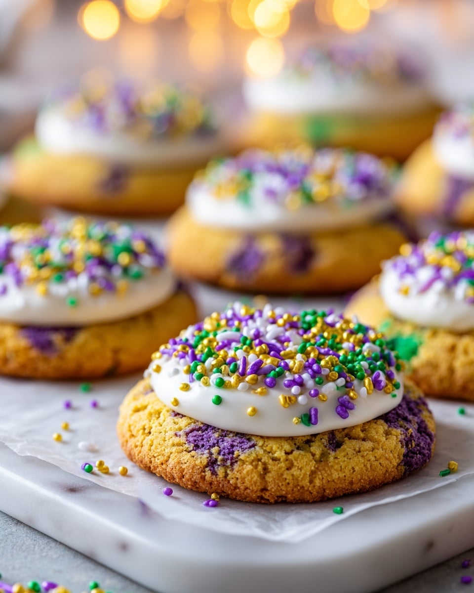 A close-up of six round cookies on a white marbled surface, each cookie having a golden brown rough-textured base with purple, green, and yellow sprinkles mixed inside and on top. Each cookie has a dollop of smooth, white icing in the center, decorated with more colorful sprinkles. The cookies are resting on a white baking tray lined with white parchment paper, and the background is softly blurred warm lights. Photo taken with an iphone --ar 4:5 --v 7