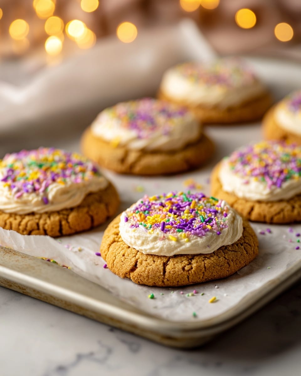 The image shows six round cookies on a white baking tray lined with white parchment paper, placed on a white marbled surface. Each cookie has a golden brown base with visible texture and is topped with white cream in the center. Over the cream and cookie surface are colorful sprinkles in purple, yellow, and green, spread evenly across the top. The cookies have a slightly cracked texture around the edges, giving them a homemade look. The background is softly blurred with warm lights creating a cozy atmosphere. photo taken with an iphone --ar 4:5 --v 7