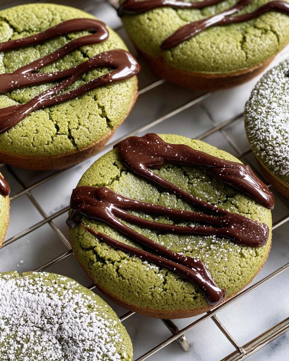 The image shows several small, round green matcha cupcakes with a cracked, slightly rough texture on top, placed on a silver cooling rack. One cupcake is decorated with smooth, glossy dark brown chocolate drizzled in a zigzag pattern across the top layer, while another nearby is dusted with a light layer of white powdered sugar, giving a frosted look. The cupcakes have a slightly sunken center and a defined edge. The background surface is a white marbled texture. photo taken with an iphone --ar 4:5 --v 7