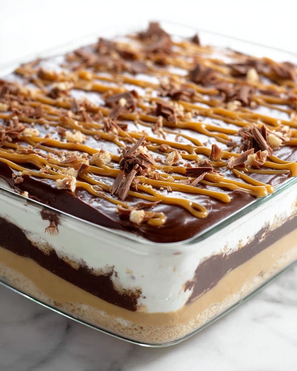 This dessert is shown in a clear glass rectangular dish with four visible layers. The bottom layer is light brown and looks soft like crushed cookies or cake. On top of this is a darker thick layer that appears smooth and glossy, possibly chocolate pudding. Above the chocolate layer is a thick white layer, creamy and fluffy like whipped cream or frosting. The top is decorated with a caramel or peanut butter drizzle in a crisscross pattern and sprinkled with small curls of milk chocolate, giving a textured finish. The dish is set on a white marbled surface. photo taken with an iphone --ar 4:5 --v 7