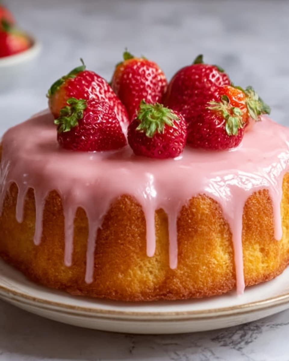 The image shows a round cake with a golden brown color on a white plate. The cake has a smooth pink glaze that drips down the sides evenly, creating a shiny texture. On top of the glaze, there are several fresh strawberries arranged in a circle, adding a bright red color and a slightly rough texture. The background is a white marbled surface, and the photo looks clear and sharp, taken with an iphone --ar 4:5 --v 7
