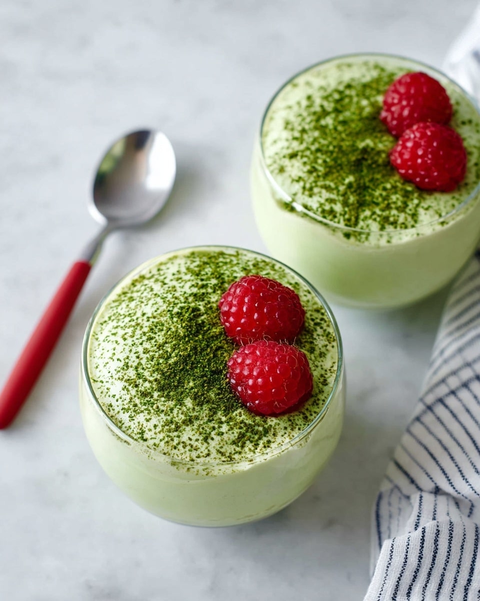 Two clear glasses filled with a creamy light green mousse-like dessert topped with a fine sprinkle of dark green powder. Each glass is garnished with two bright red raspberries placed close together on the surface. The texture of the dessert looks smooth and fluffy. The glasses are set on a white marbled surface, with a white-marble background, next to a spoon with a red handle and a striped cloth partially visible in the corner. Photo taken with an iphone --ar 4:5 --v 7