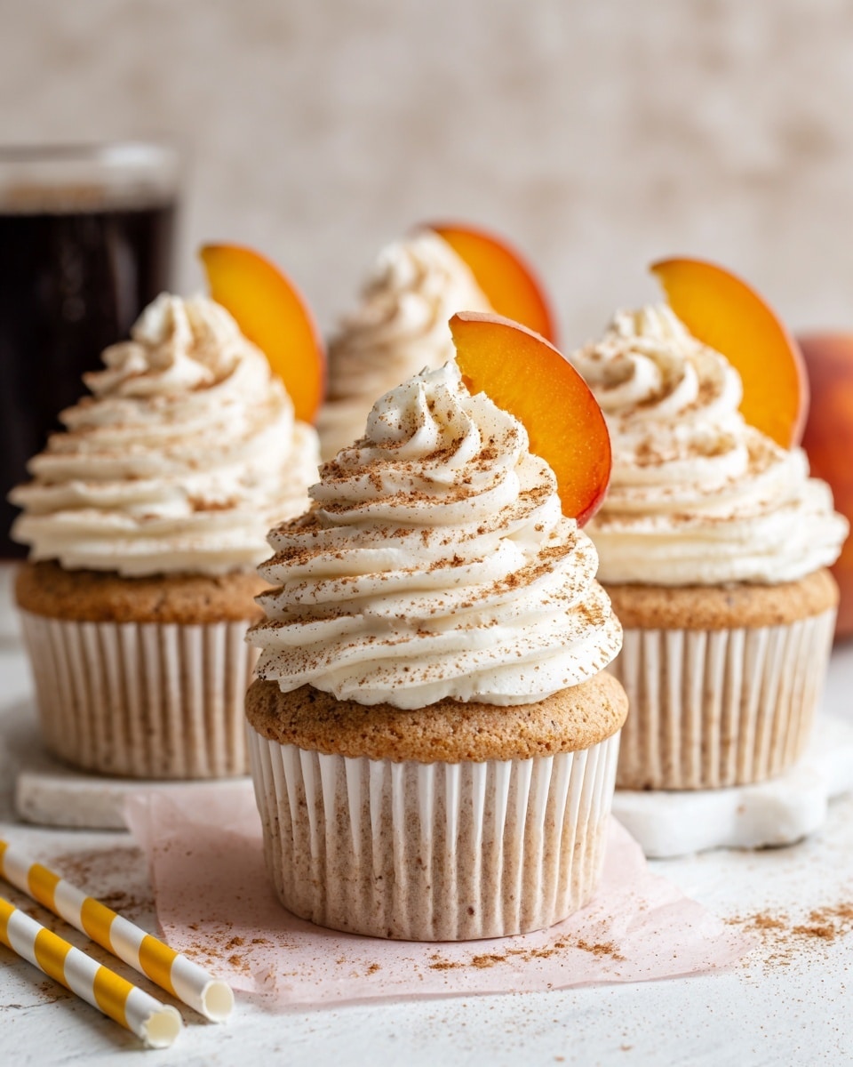 The image shows four cupcakes arranged closely on a white marbled surface, each with a light brown base that has specks of darker brown throughout. On top of each cupcake is a thick swirl of white whipped cream frosting, sprinkled lightly with a brown powder, possibly cinnamon or cocoa. Each cupcake is decorated with a bright orange peach slice placed on one side, partially inserted into the frosting. The cupcakes are in plain white paper liners and are set on a piece of light pink paper. In the blurred background, there is a hint of a dark drink and some yellow with white striped paper straws near the cupcakes. Photo taken with an iphone --ar 4:5 --v 7