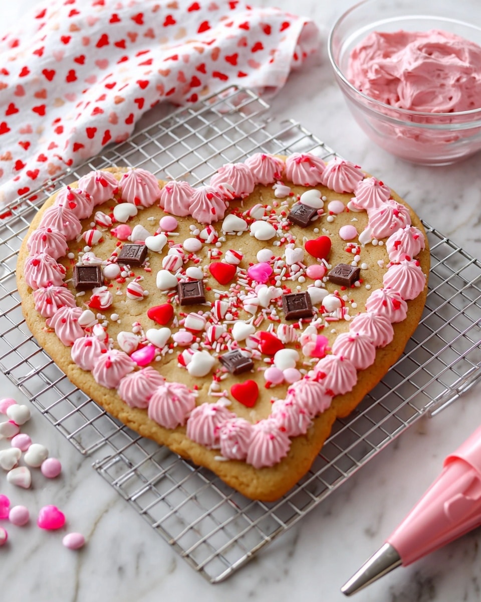 A large heart-shaped cookie sits on a cooling rack over a white marbled surface, decorated with pink frosting piped in small swirls evenly around the edge. The cookie itself is a golden-brown color and is sprinkled with red, white, and pink candy-coated chocolates, small chocolate squares, and pink and white sprinkles scattered across the top. To the side, there is a clear bowl holding more candy pieces in the same colors and a piping bag filled with pink frosting resting on the surface. In the background, a white cloth printed with red and pink hearts is partially visible. Photo taken with an iphone --ar 4:5 --v 7