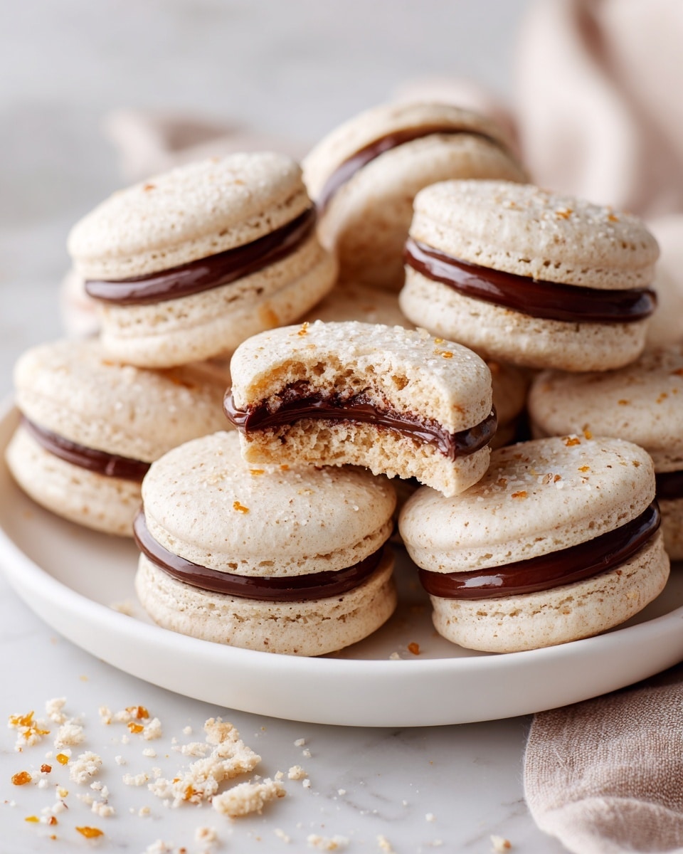 A close-up of a stack of round sandwich cookies on a white plate with scalloped edges, sitting on a white marbled surface. Each cookie has two light golden, slightly crumbly layers with a thick dark chocolate filling in between. The top cookie in the stack has a bite taken out, showing the soft and crumbly texture of the cookie and the smooth chocolate layer inside. Some cookies around the stack have small orange specks and a sprinkling of sugar on top. The background is softly blurred in a warm, light beige tone. photo taken with an iphone --ar 4:5 --v 7