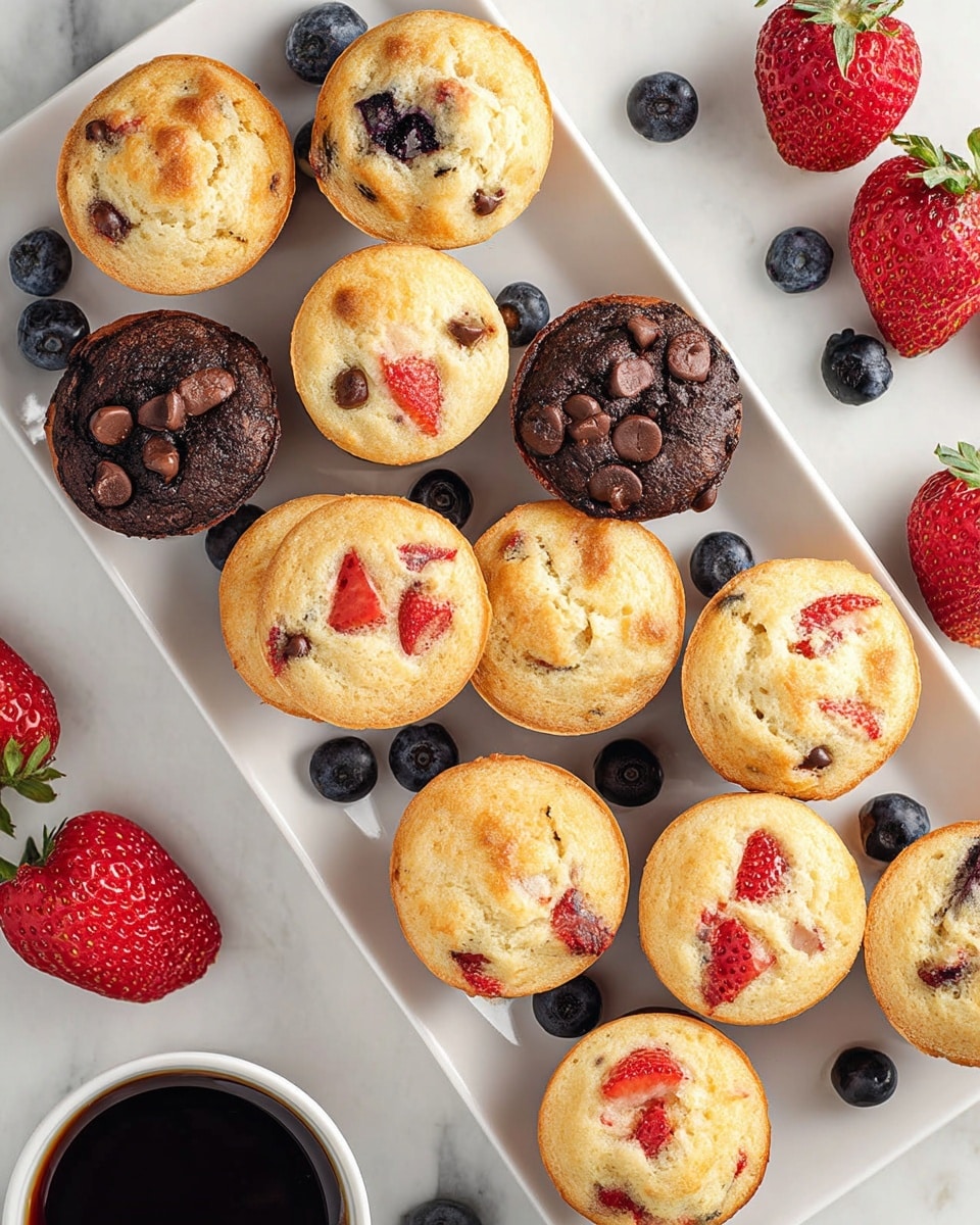 A white rectangular plate filled with small muffins arranged closely together, showing three main types: some topped with chocolate chips, others with pieces of red strawberries, and some with blueberries embedded in the light golden tops. The muffins have a soft, slightly textured surface with airy holes visible. Around the plate, on a white marbled surface, there are whole strawberries and blueberries scattered, along with a small cup filled with dark coffee. The image has bright lighting, highlighting the varied textures and fresh fruit colors. photo taken with an iphone --ar 4:5 --v 7