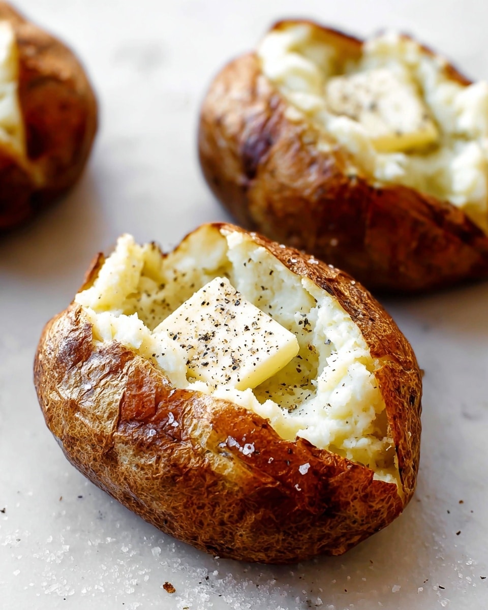 The image shows two baked potatoes on a white marbled surface. Each potato has a dark golden-brown crispy skin with some salt sprinkled on it. The top of each potato is opened to reveal a soft, fluffy white mashed potato inside. On top of the mashed potato, there is a small square of butter melting and sprinkled with black pepper. The texture of the mashed potato looks creamy and slightly chunky, contrasting with the crisp skin around it. Photo taken with an iphone --ar 4:5 --v 7