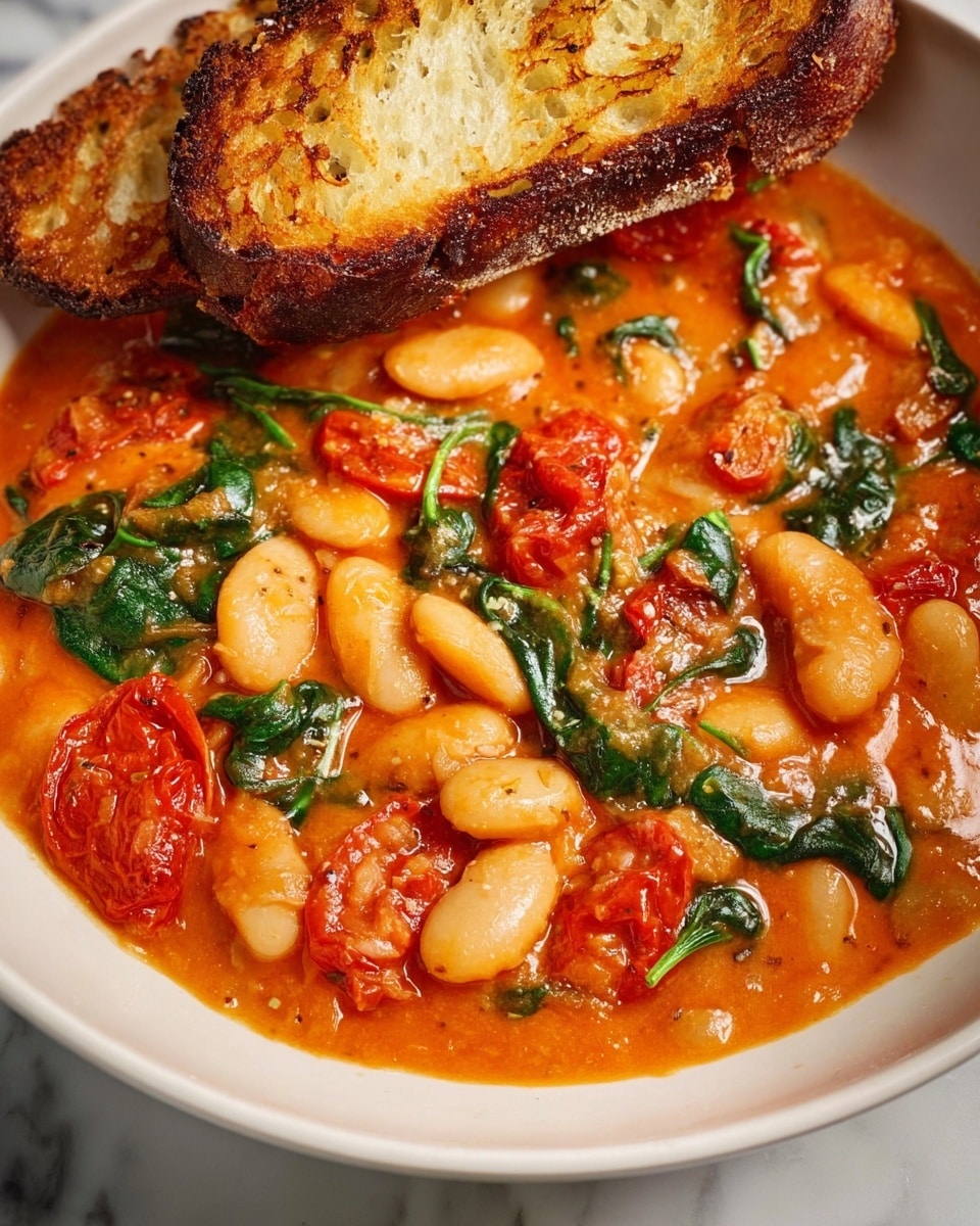 The image shows a close-up of a dish with creamy white butter beans in a rich orange tomato sauce. The sauce has visible pieces of cooked red tomatoes and spinach leaves, adding bright red and green colors. Two slices of toasted bread with a golden-brown crisp crust rest on top in the upper left part of the white bowl. The beans and sauce have a thick, smooth texture with some beans resting on the surface, and spinach leaves are scattered throughout. The whole dish is placed on a white marbled surface. photo taken with an iphone --ar 4:5 --v 7