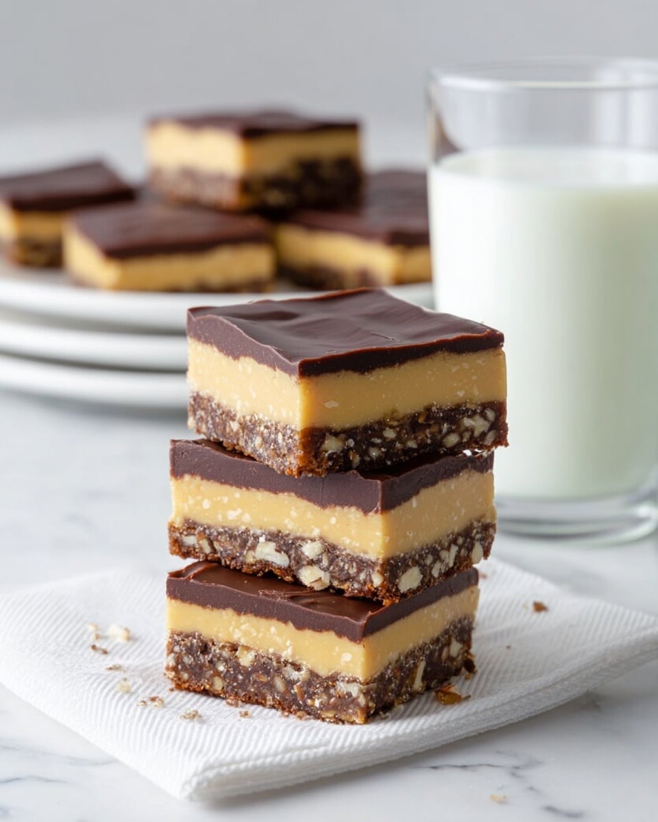 The image shows three stacked square bars with three layers each: the bottom layer is dark brown with a rough texture, showing small nut pieces and crumbs; the middle layer is thick, smooth, and pale yellow, looking creamy; the top layer is a shiny, smooth dark chocolate glaze that covers each bar evenly. In the background, there is a glass of milk and more bars on a white plate. The whole scene is set on a white marbled surface. photo taken with an iphone --ar 4:5 --v 7