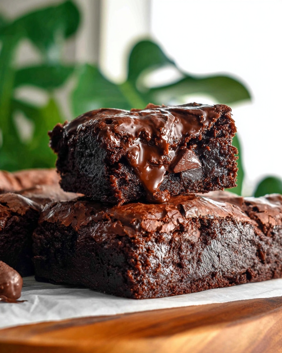 A rich, dark chocolate brownie with a thick, glossy melted chocolate layer on top and throughout. The brownie is cut into a square piece that is placed standing on a larger brownie base. The interior of the brownie shows a moist, dense texture with gooey chocolate chunks, while the outside has a slightly cracked, firmer crust. The dessert sits on white parchment paper on a wooden surface, with green leafy plants softly blurred in the bright background. photo taken with an iphone --ar 4:5 --v 7