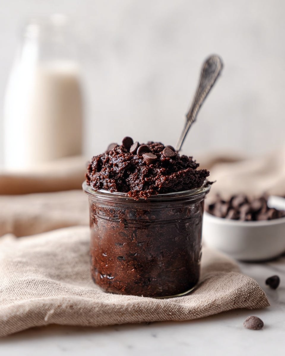 A small clear glass jar is filled to the top with thick, dark chocolate brownie batter that looks rich and moist. The batter has a rough, chunky texture with many glossy dark chocolate chips mixed through it and sitting on the surface. Behind the jar, there is a blurred glass bottle of milk and a small white bowl that holds extra chocolate chips. The jar rests on a soft beige cloth, all placed on a white marbled surface. A metal spoon sticks out from the batter. photo taken with an iphone --ar 4:5 --v 7