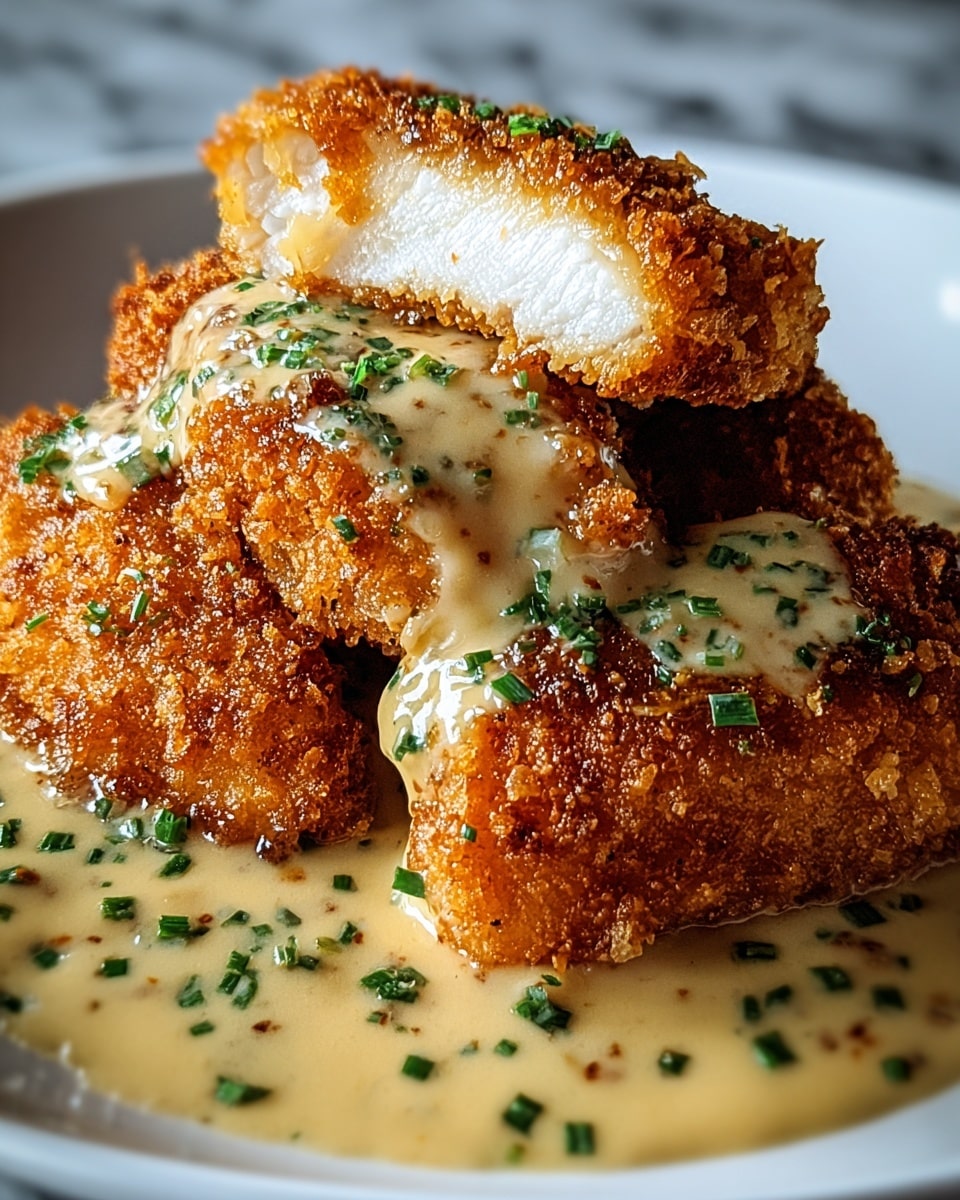 The image shows a close-up of three pieces of golden-brown crispy fried food stacked in a white plate on a white marbled surface. The top piece has a bite taken out, revealing a soft, white filling inside. A creamy light beige sauce is drizzled over the pieces, pooling slightly around them. Small green herb pieces are sprinkled on top of the sauce and the fried food, adding a fresh touch to the dish. The texture of the fried crust is crunchy and grainy, contrasting with the smooth sauce photo taken with an iphone --ar 4:5 --v 7