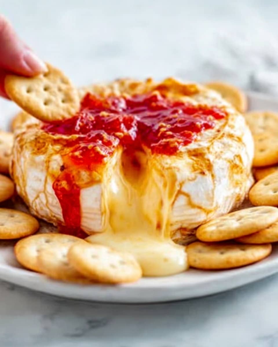 The image shows a melted cheese wheel with a golden crust on top, oozing gooey, creamy cheese spilling out from the center as it is cut. The cheese is topped with a bright red sauce or jam that adds a pop of color. Around the cheese, several round beige crackers are placed on a white plate. The plate sits on a white marbled surface, giving a clean and bright background. A woman's hand is holding a cracker close to the cheese, ready to dip. The cheese’s texture looks soft and stretchy, with a shiny, smooth surface where it melts. Photo taken with an iphone --ar 4:5 --v 7