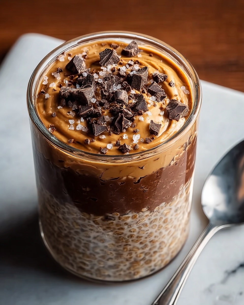 A small clear glass jar filled with three layers: the bottom layer is a thick chocolate oats mixture with visible oat flakes and chia seeds; above it, a smooth white cream layer topped with a generous drizzle of golden caramel sauce; the top layer is sprinkled with small chunks of dark chocolate. The jar sits on a white marbled surface with a gold spoon beside it, resting on a grey cloth underneath. photo taken with an iphone --ar 4:5 --v 7