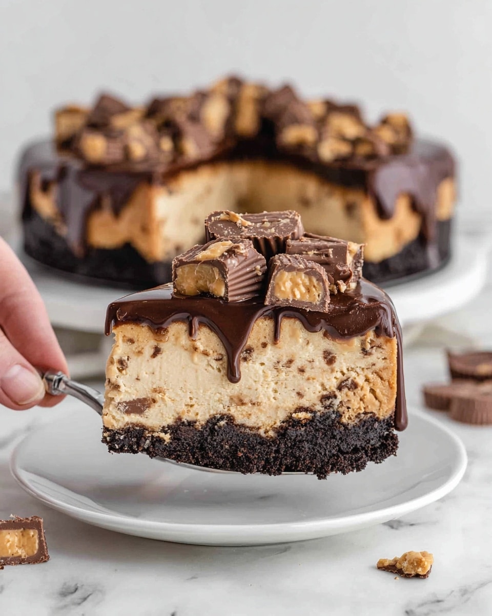 A slice of cheesecake held by a woman's hand shows a three-layer dessert with a dark brown, crumbly cookie crust at the bottom, a thick middle layer of light tan creamy peanut butter cheesecake with small bits of cookie mixed in, and a top glossy, dark chocolate ganache layer dripping slightly down the sides. The ganache is topped with uneven chunks of milk chocolate peanut butter cups, some with visible peanut butter filling, creating a textured and rich look. In the background, the whole cheesecake sits on a white plate on a white marbled surface, with some scattered peanut butter cups and crumbs around. photo taken with an iphone --ar 4:5 --v 7