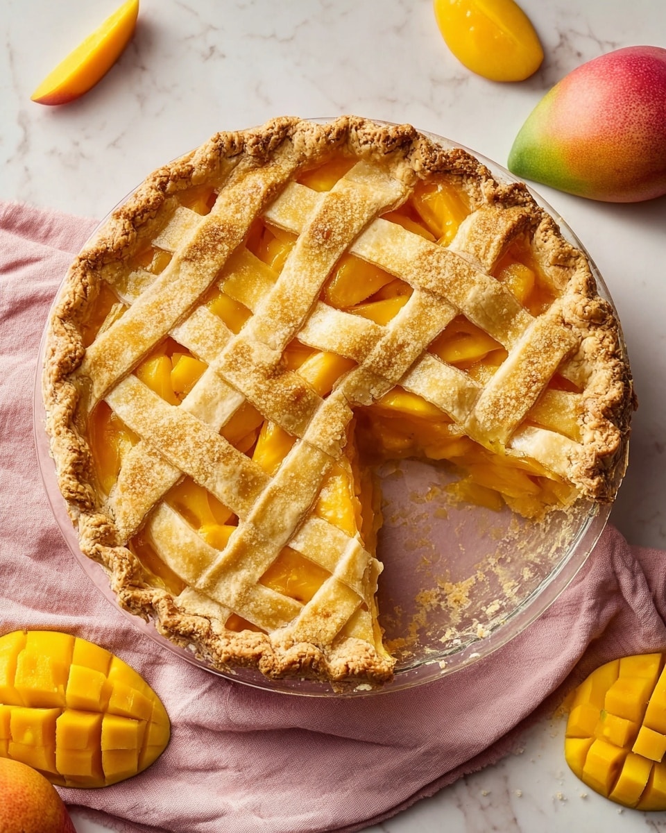 A peach pie with a golden-brown, crimped edge crust sits in a clear pie dish on a white marbled surface. The pie has a lattice top with thick, shiny strips of crust woven over and under each other, showing bright orange peach slices underneath. One large slice is missing, revealing the juicy peach filling and some crumbly crust pieces inside the empty space. Around the pie, there are fresh whole peaches and a peach wedge on a pale pink cloth. Photo taken with an iphone --ar 4:5 --v 7